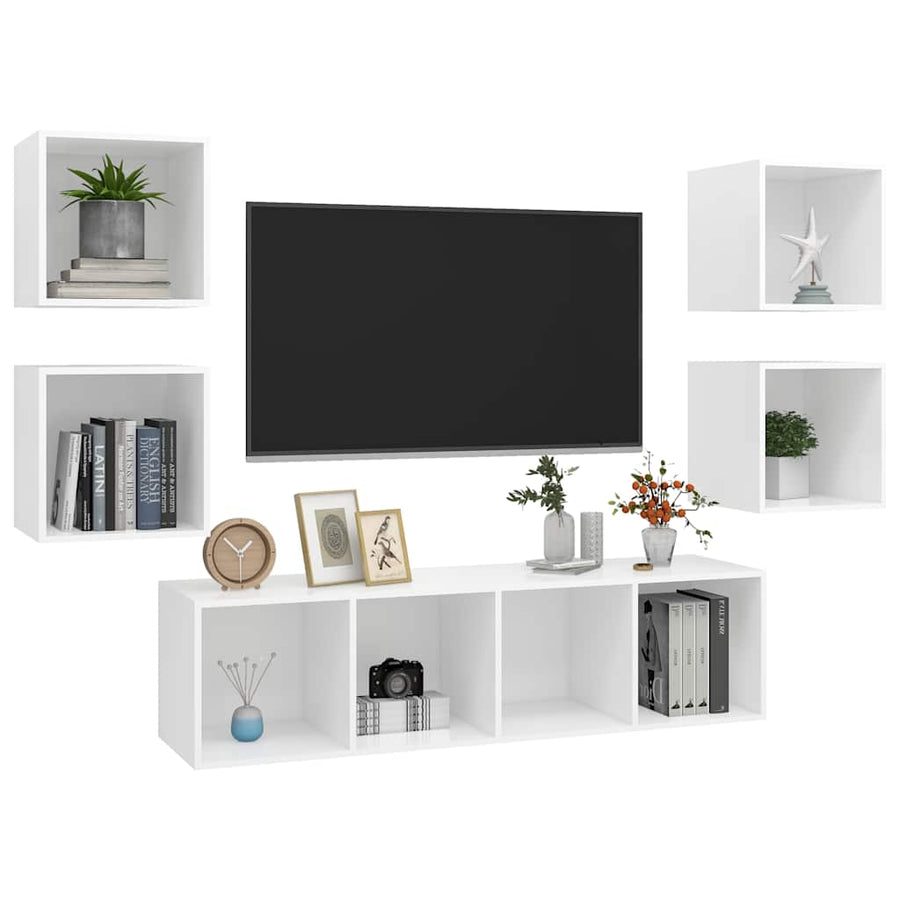 5-Delige Tv-Meubelset Spaanplaat Wit Wit