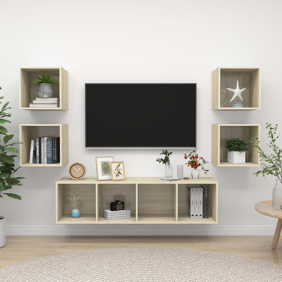 5-Delige Tv-Meubelset Bewerkt Hout Kleurig Sonoma eiken