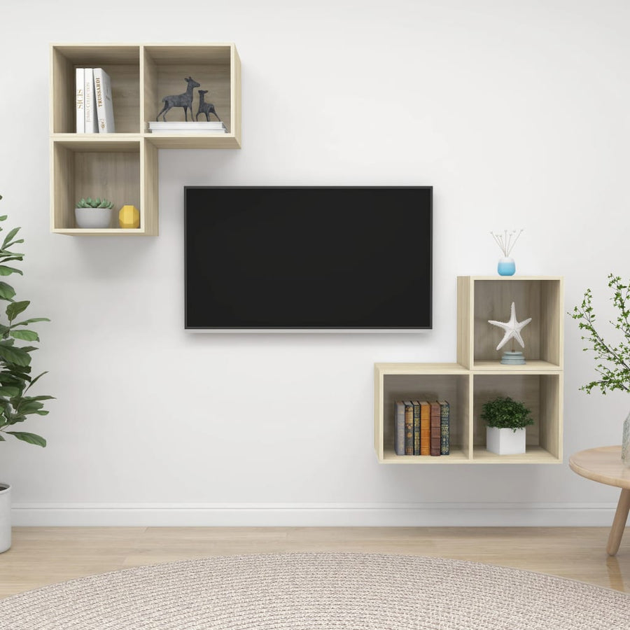 4-Delige Tv-Meubelset Bewerkt Hout Kleurig Sonoma eiken