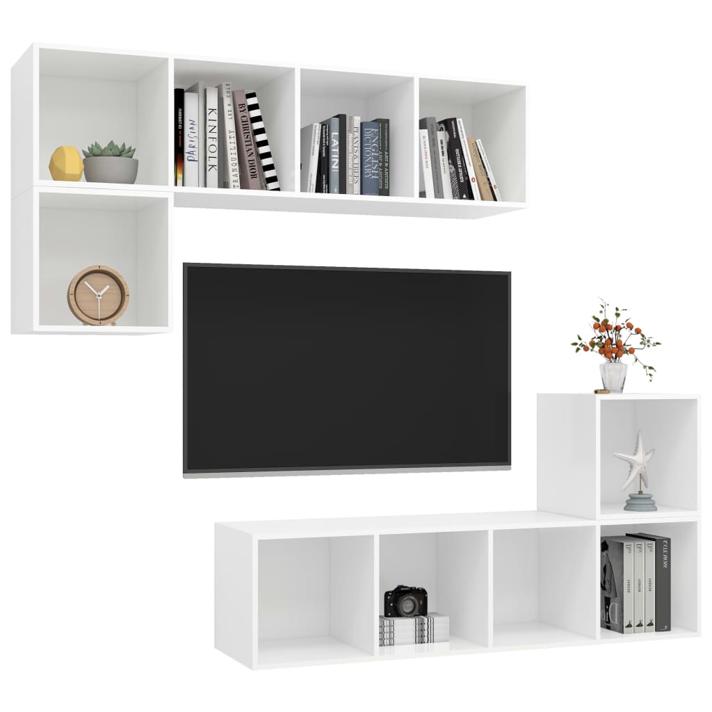 4-Delige Tv-Meubelset Bewerkt Hout Wit