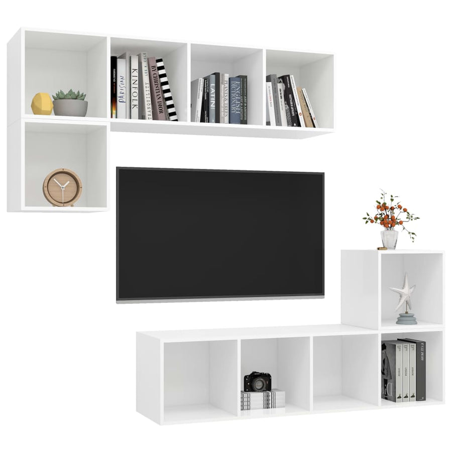 4-Delige Tv-Meubelset Bewerkt Hout Wit