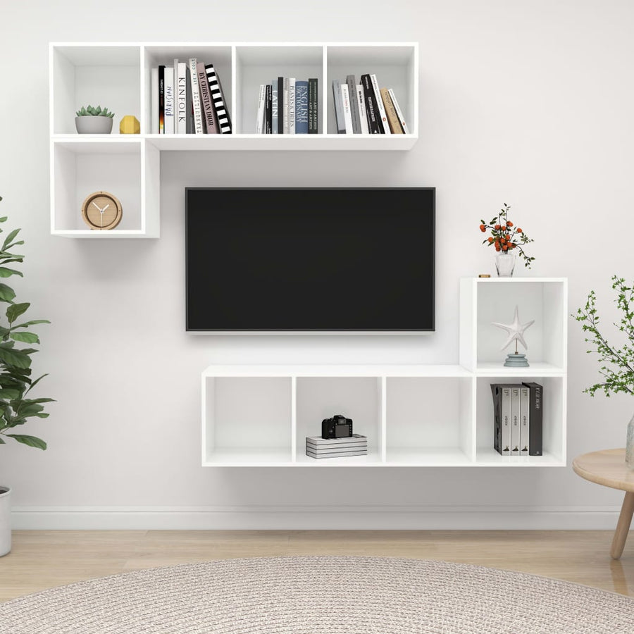 4-Delige Tv-Meubelset Bewerkt Hout Wit