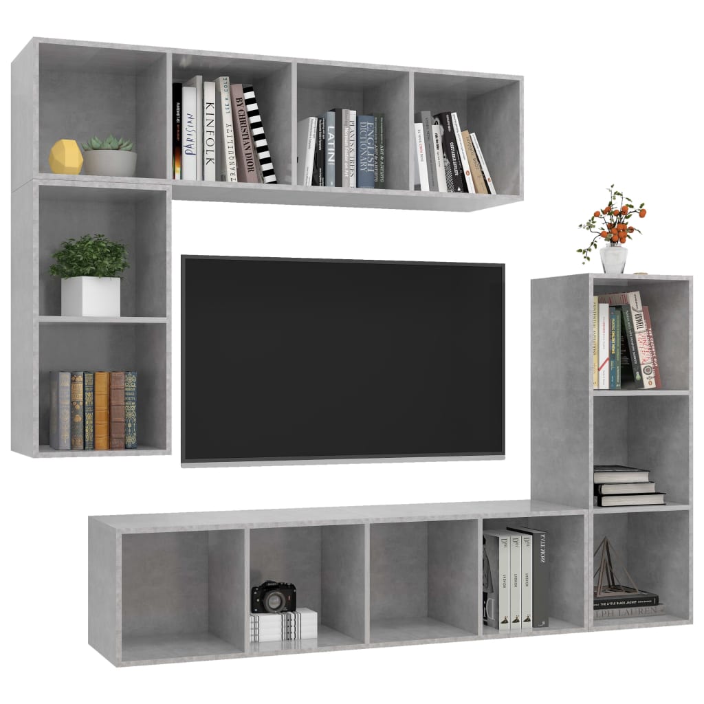 4-delige Tv-meubelset bewerkt hout betongrijs