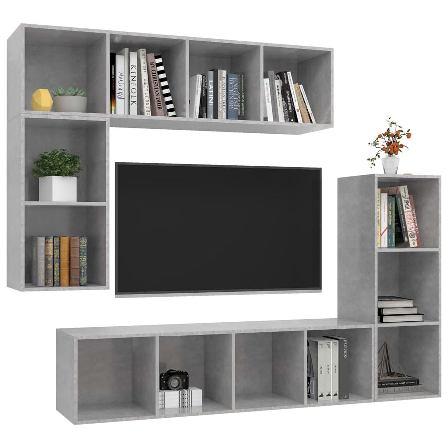 4-delige Tv-meubelset bewerkt hout betongrijs