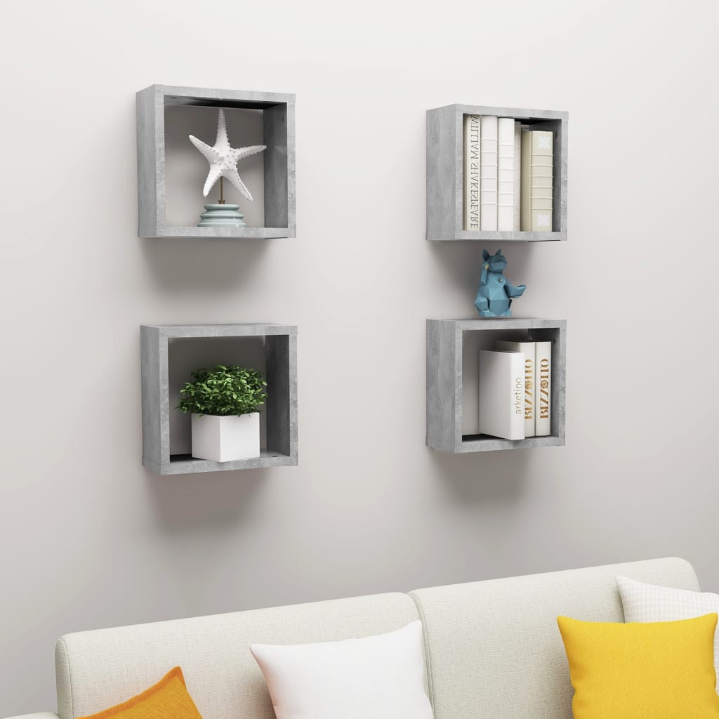 Wandschappen kubus 4 st 30x15x30 cm betongrijs