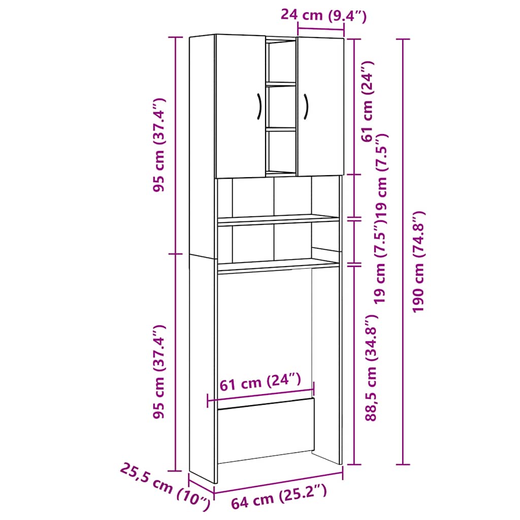 Wasmachinekast 64x25,5x190 cm wit