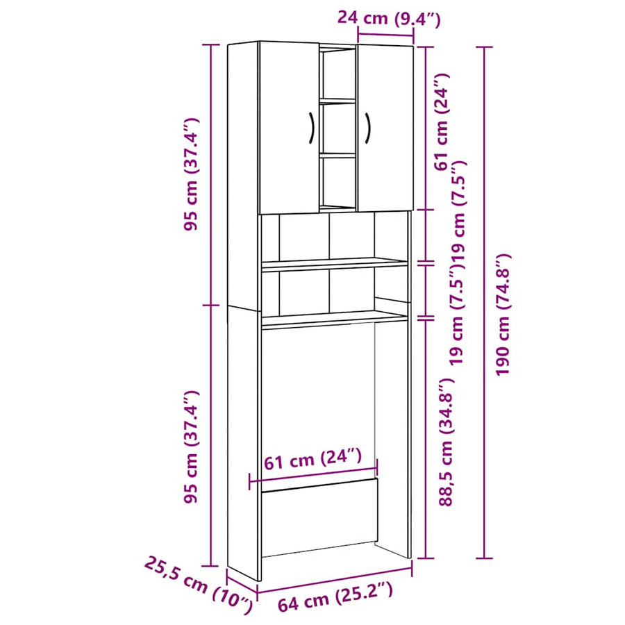 Wasmachinekast 64x25,5x190 cm wit