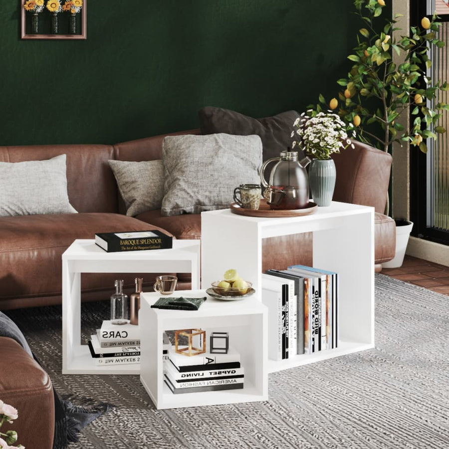 3-Delige Tafeltjesset Bewerkt Hout Wit