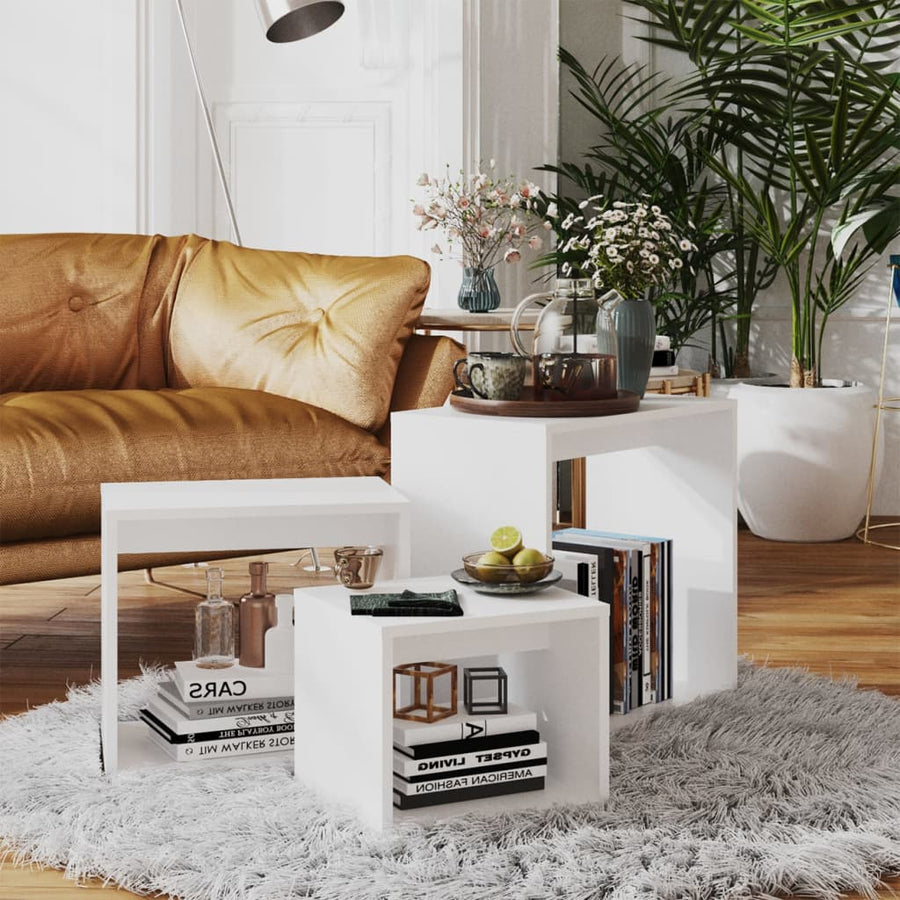 3-Delige Tafeltjesset Bewerkt Hout Wit