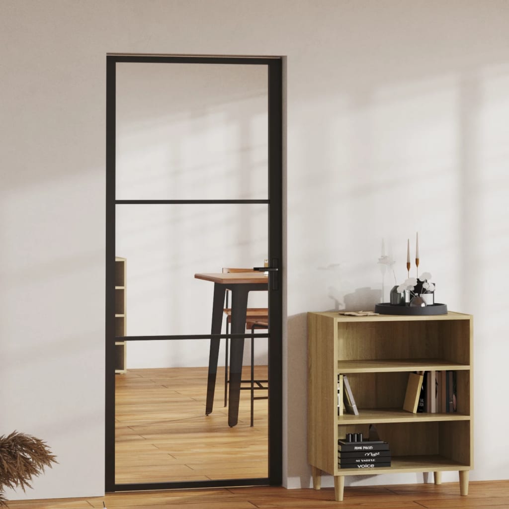Binnendeur 83X20,5 Cm Esg-Glas En Aluminium Zwart En Transparant 83 x 201.5 cm 2 horizontale stangen