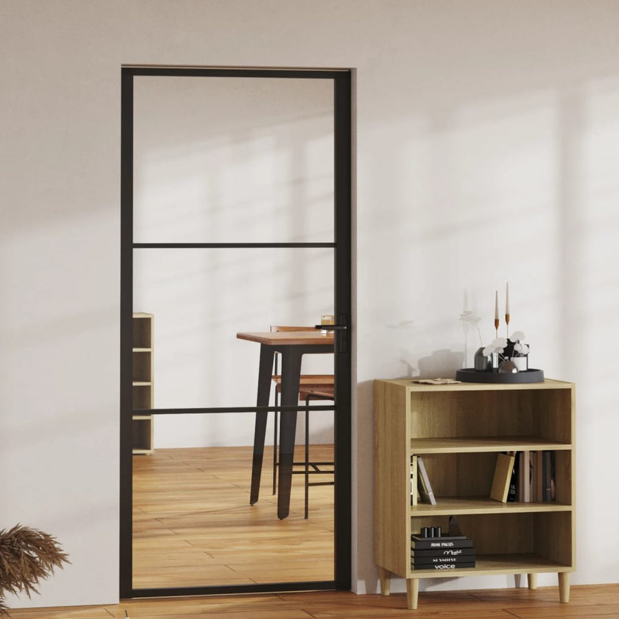 Binnendeur 93X20,5 Cm Esg-Glas En Aluminium Zwart En Transparant 93 x 201.5 cm 2 horizontale stangen