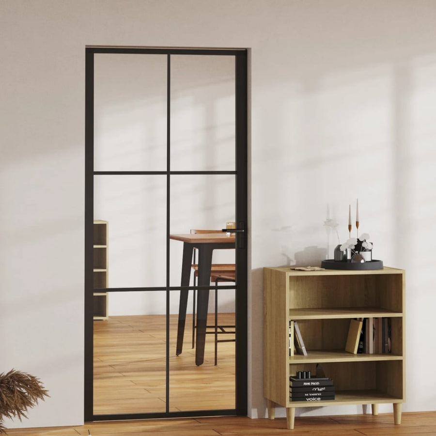 Binnendeur 93X20,5 Cm Esg-Glas En Aluminium Zwart En Transparant 93 x 201.5 cm 3x2 raster