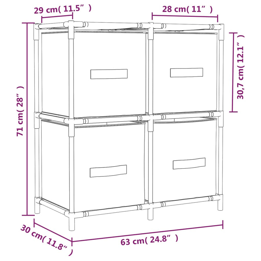 Opbergkast Met 4 Stoffen Manden 63X30X71 Cm Staal Crèmekleurig