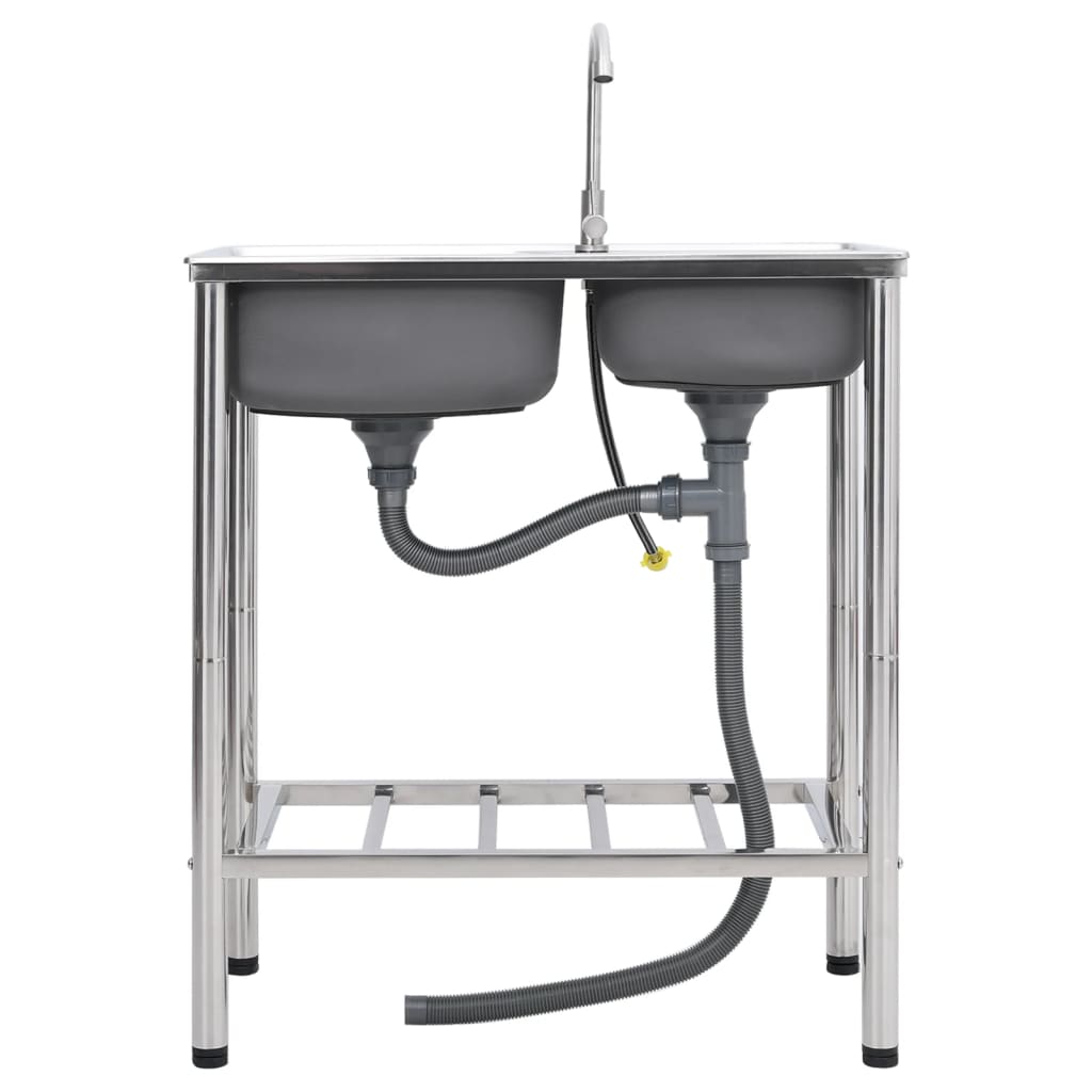 Campinggootsteen dubbele bakken met kraan roestvrij staal 76 x 42 x 18.5 cm