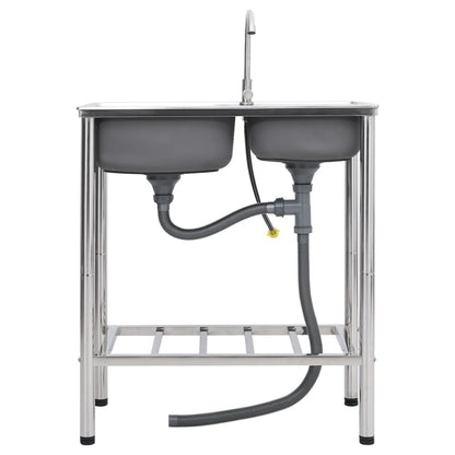 Campinggootsteen dubbele bakken met kraan roestvrij staal 76 x 42 x 18.5 cm