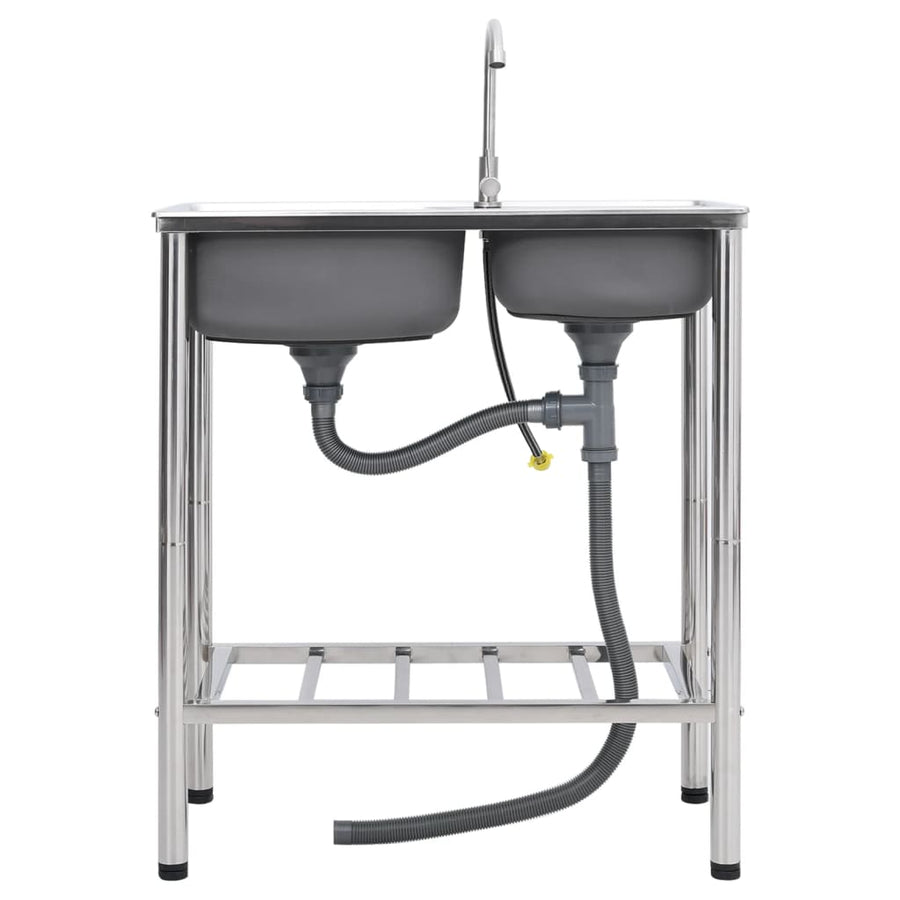 Campinggootsteen dubbele bakken met kraan roestvrij staal 76 x 42 x 18.5 cm