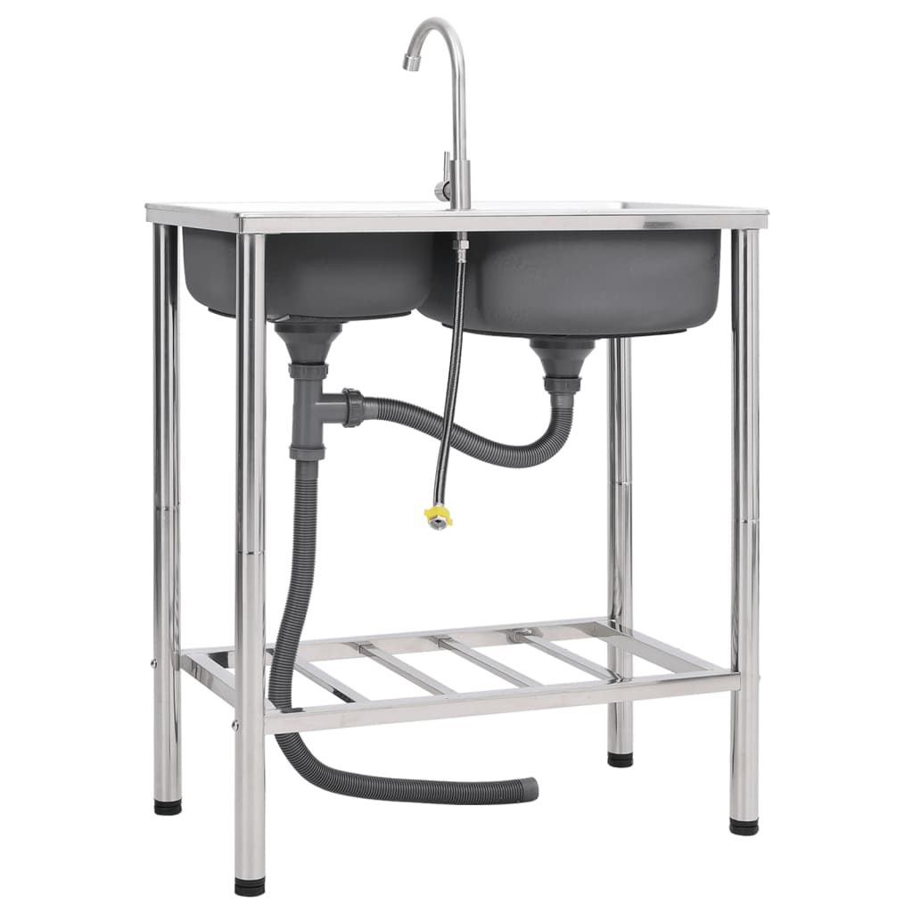 Campinggootsteen dubbele bakken met kraan roestvrij staal 76 x 42 x 18.5 cm