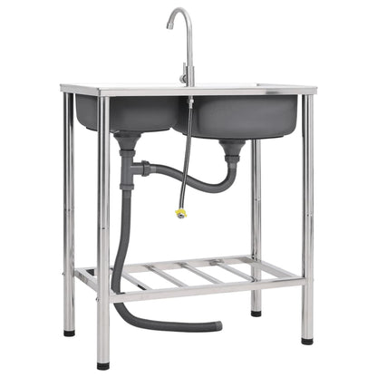 Campinggootsteen dubbele bakken met kraan roestvrij staal 76 x 42 x 18.5 cm