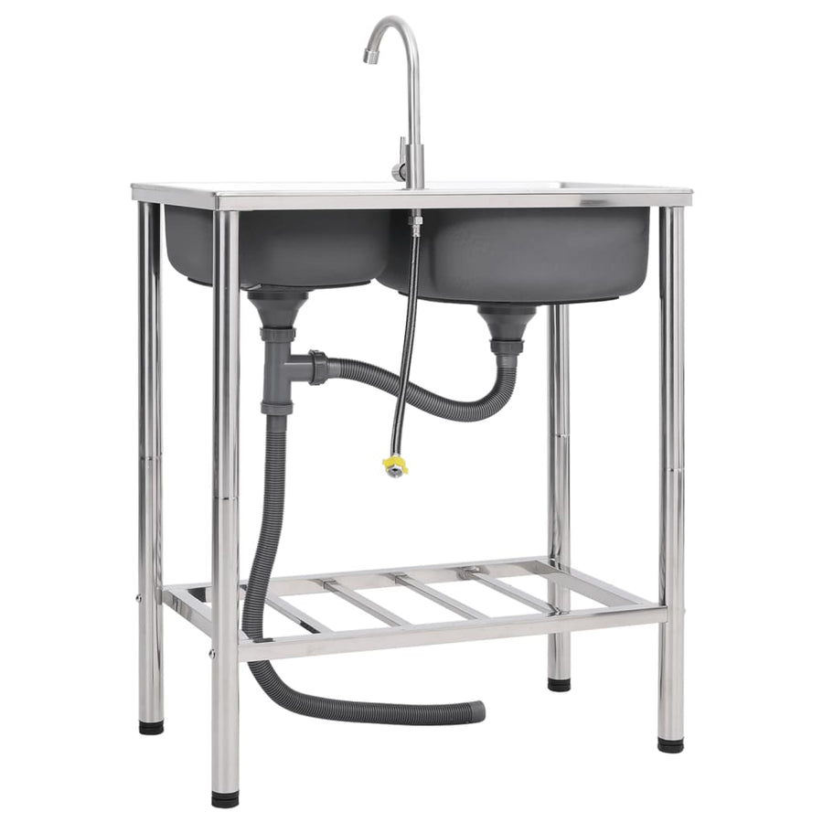 Campinggootsteen dubbele bakken met kraan roestvrij staal 76 x 42 x 18.5 cm