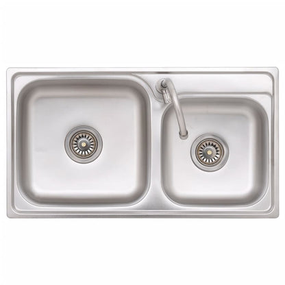 Campinggootsteen dubbele bakken met kraan roestvrij staal 76 x 42 x 18.5 cm