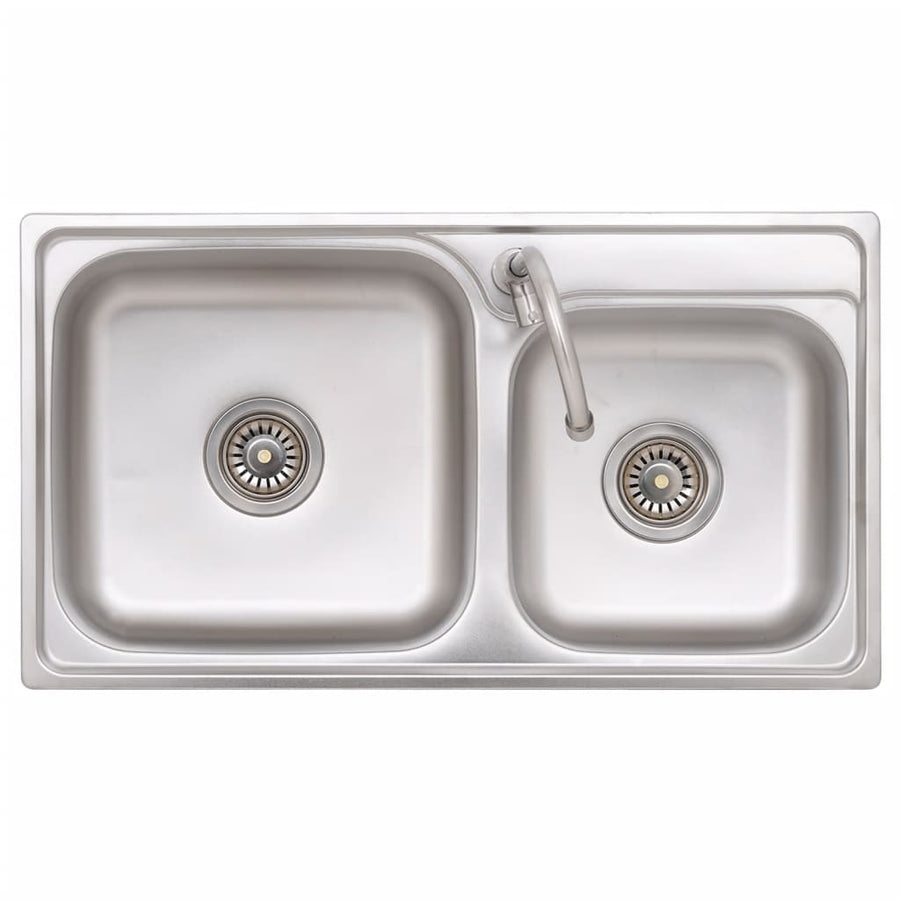 Campinggootsteen dubbele bakken met kraan roestvrij staal 76 x 42 x 18.5 cm