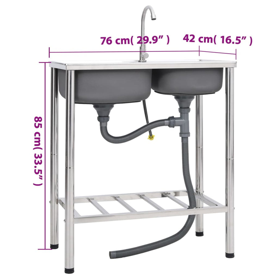 Campinggootsteen dubbele bakken met kraan roestvrij staal 76 x 42 x 18.5 cm