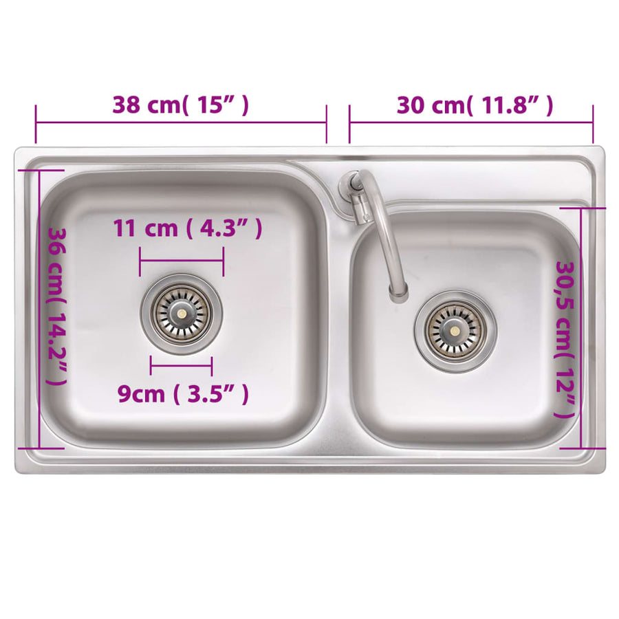 Campinggootsteen dubbele bakken met kraan roestvrij staal 76 x 42 x 18.5 cm