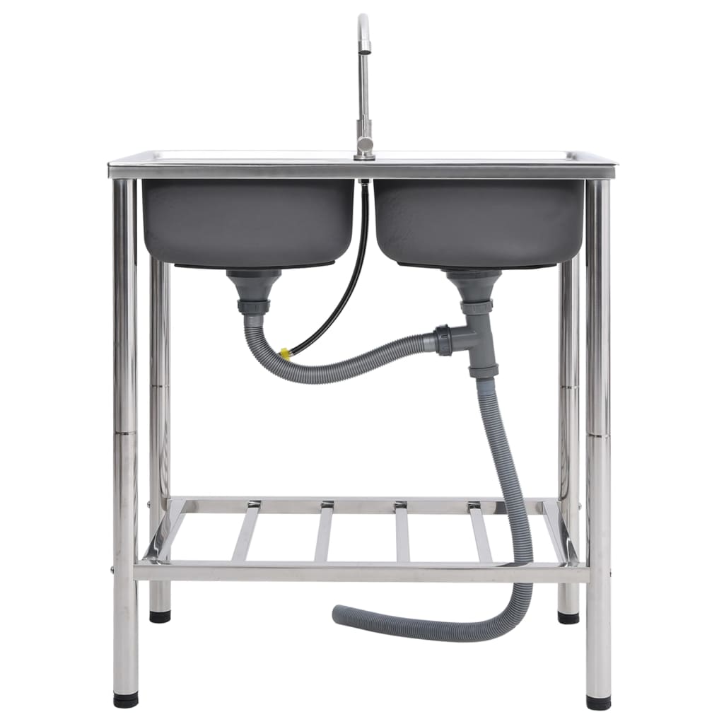Campinggootsteen dubbele bakken met kraan roestvrij staal 78 x 43 x 18.8 cm