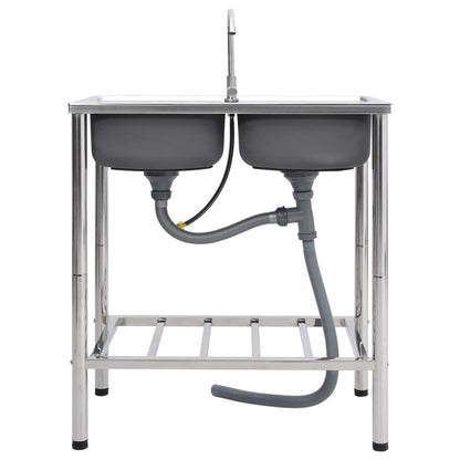 Campinggootsteen dubbele bakken met kraan roestvrij staal 78 x 43 x 18.8 cm