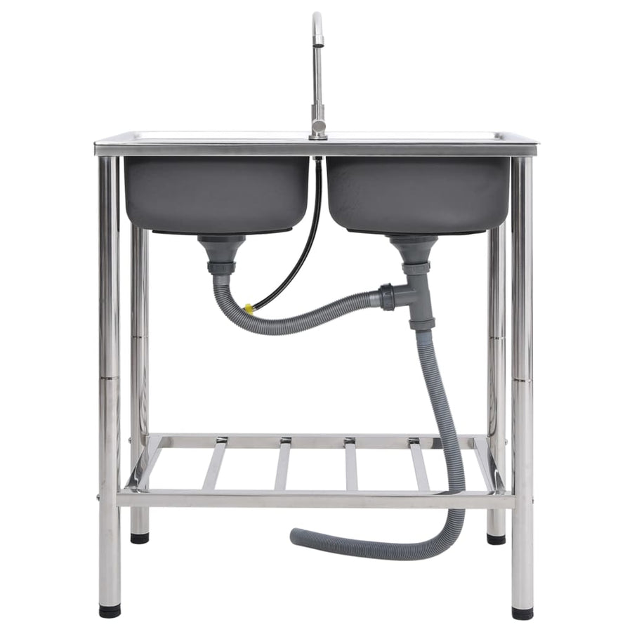 Campinggootsteen dubbele bakken met kraan roestvrij staal 78 x 43 x 18.8 cm