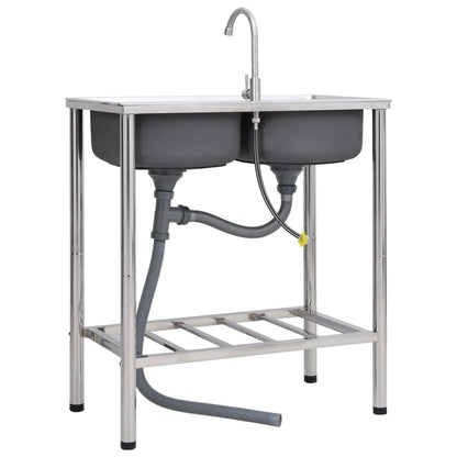 Campinggootsteen dubbele bakken met kraan roestvrij staal 78 x 43 x 18.8 cm