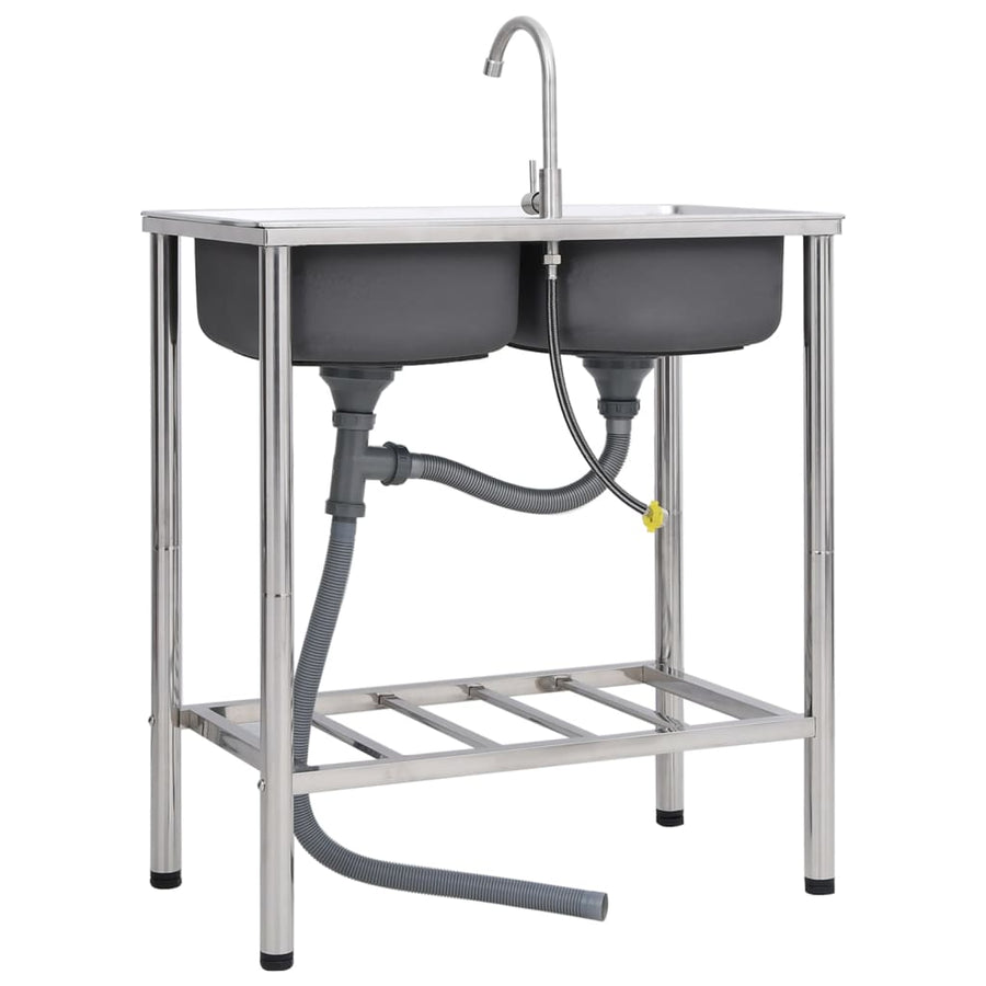 Campinggootsteen dubbele bakken met kraan roestvrij staal 78 x 43 x 18.8 cm