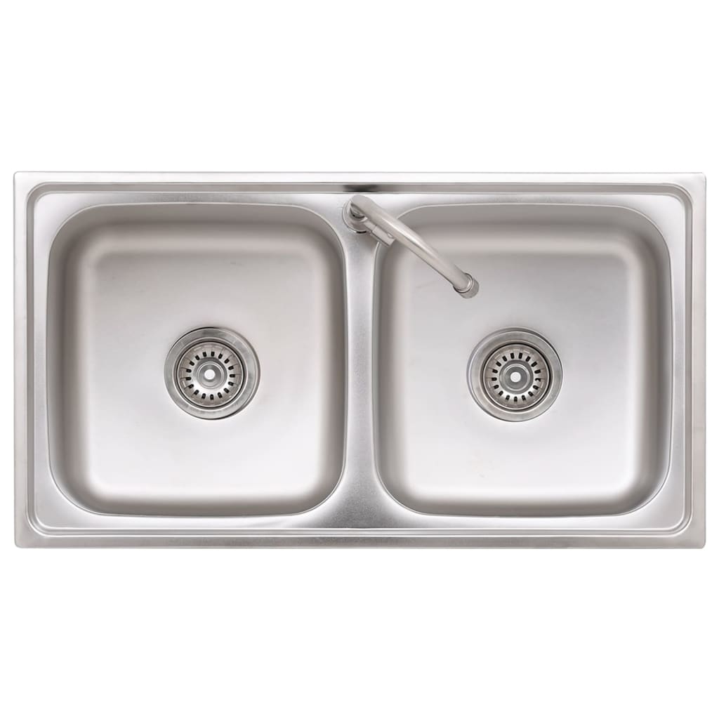 Campinggootsteen dubbele bakken met kraan roestvrij staal 78 x 43 x 18.8 cm