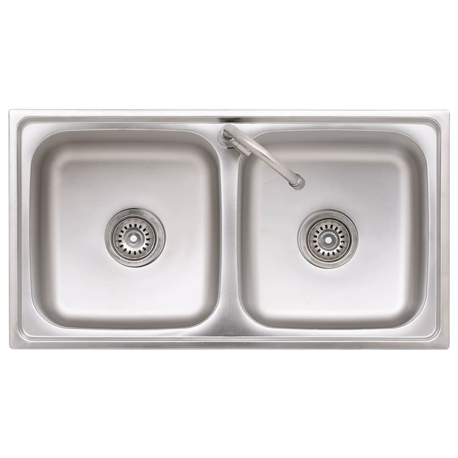 Campinggootsteen dubbele bakken met kraan roestvrij staal 78 x 43 x 18.8 cm