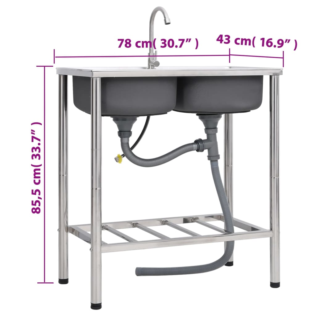 Campinggootsteen dubbele bakken met kraan roestvrij staal 78 x 43 x 18.8 cm