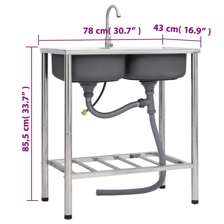 Campinggootsteen dubbele bakken met kraan roestvrij staal 78 x 43 x 18.8 cm