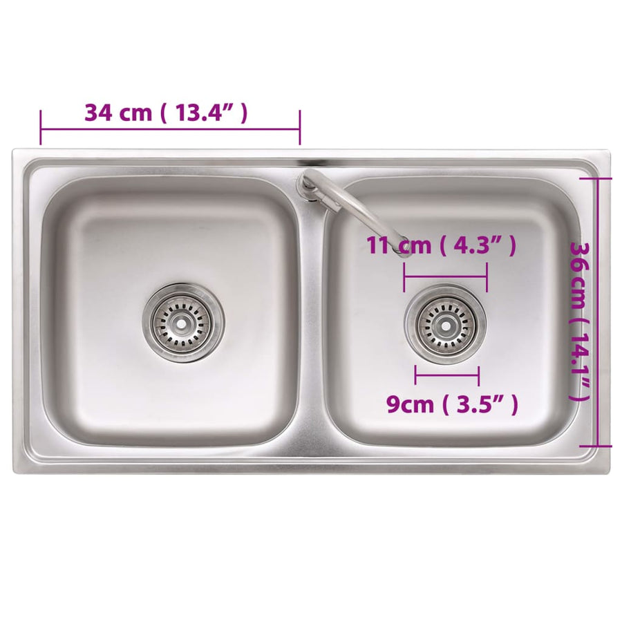 Campinggootsteen dubbele bakken met kraan roestvrij staal 78 x 43 x 18.8 cm