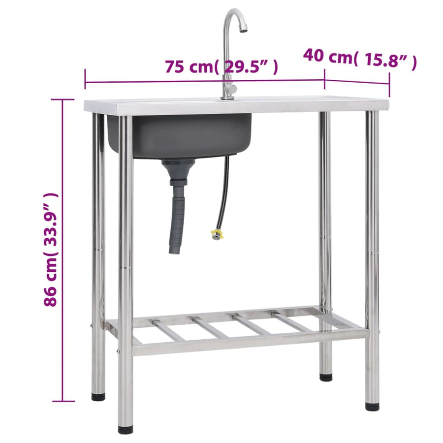 Campinggootsteen enkele bak met kraan roestvrij staal 75 x 40 x 15 cm