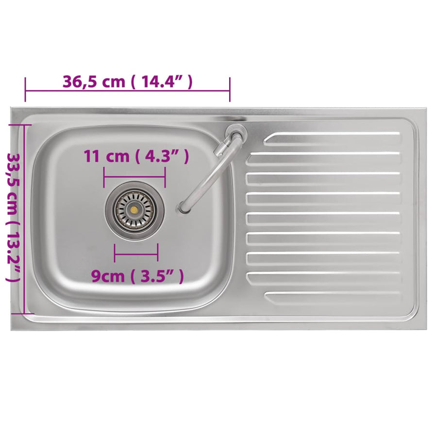 Campinggootsteen enkele bak met kraan roestvrij staal 75 x 40 x 15 cm