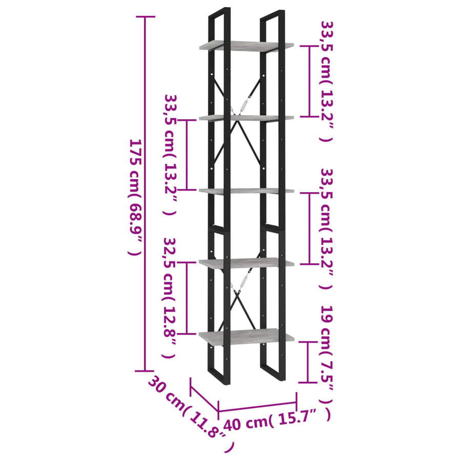 Boekenkast Met 5 Schappen Bewerkt Hout 40 x 30 x 175 cm Betongrijs