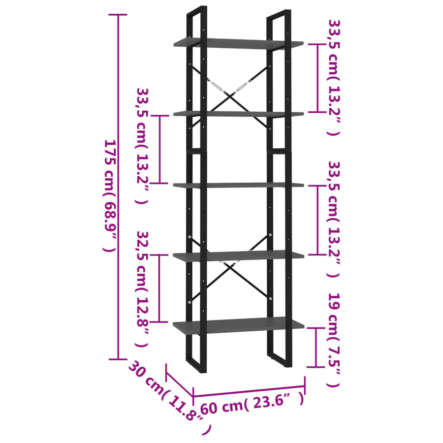 Boekenkast Met 5 Schappen Bewerkt Hout 60 x 30 x 175 cm Grijs
