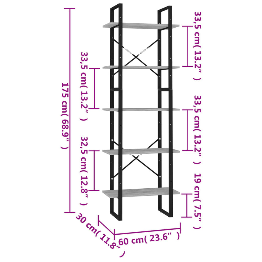 Boekenkast Met 5 Schappen Bewerkt Hout 60 x 30 x 175 cm Betongrijs