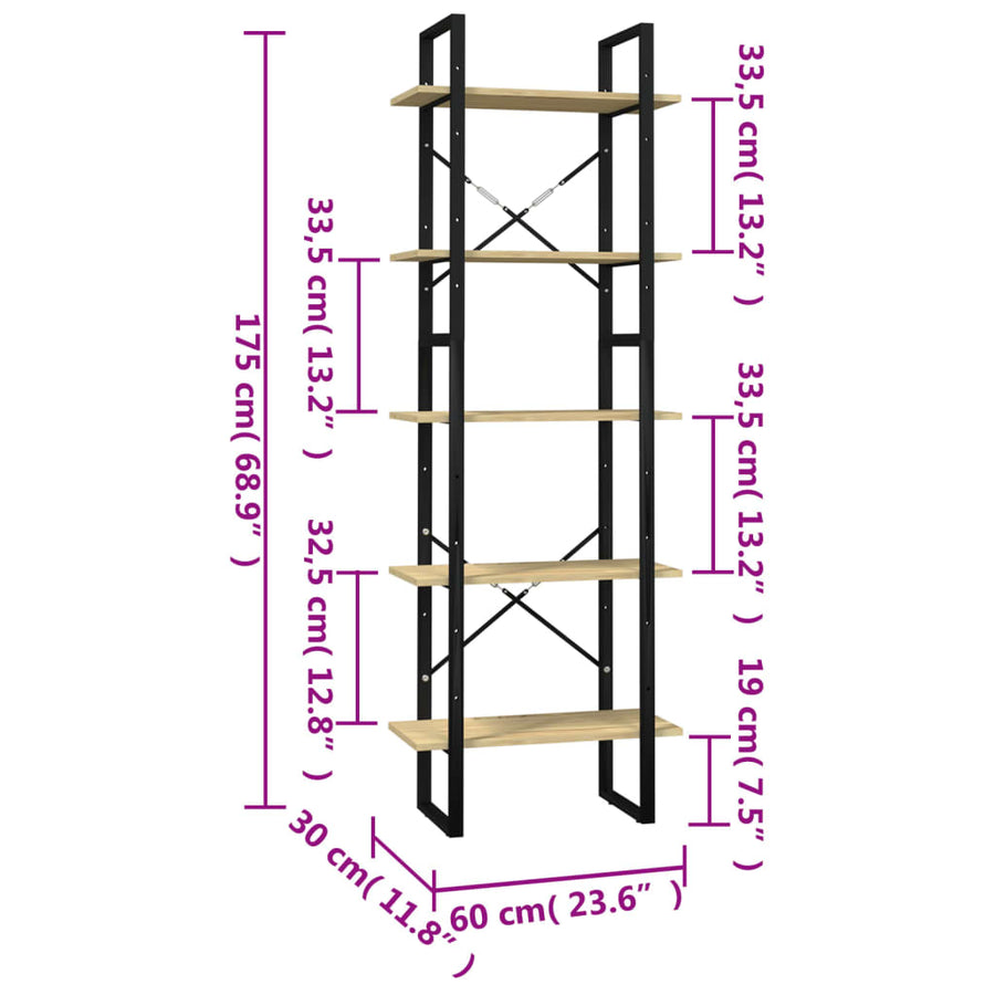 Boekenkast Met 5 Schappen Massief Grenenhout 60 x 30 x 175 cm Zwart en lichtbruin