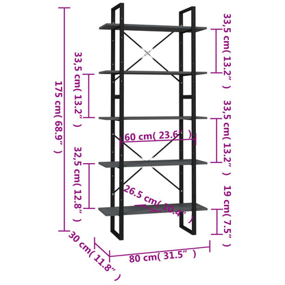 Boekenkast Met 5 Schappen Bewerkt Hout 80 x 30 x 175 cm Grijs