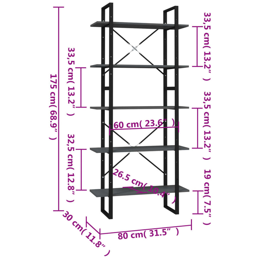 Boekenkast Met 5 Schappen Bewerkt Hout 80 x 30 x 175 cm Grijs