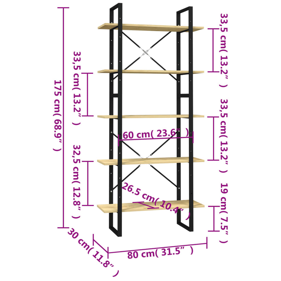 Boekenkast Met 5 Schappen Massief Grenenhout 80 x 30 x 175 cm Zwart en lichtbruin