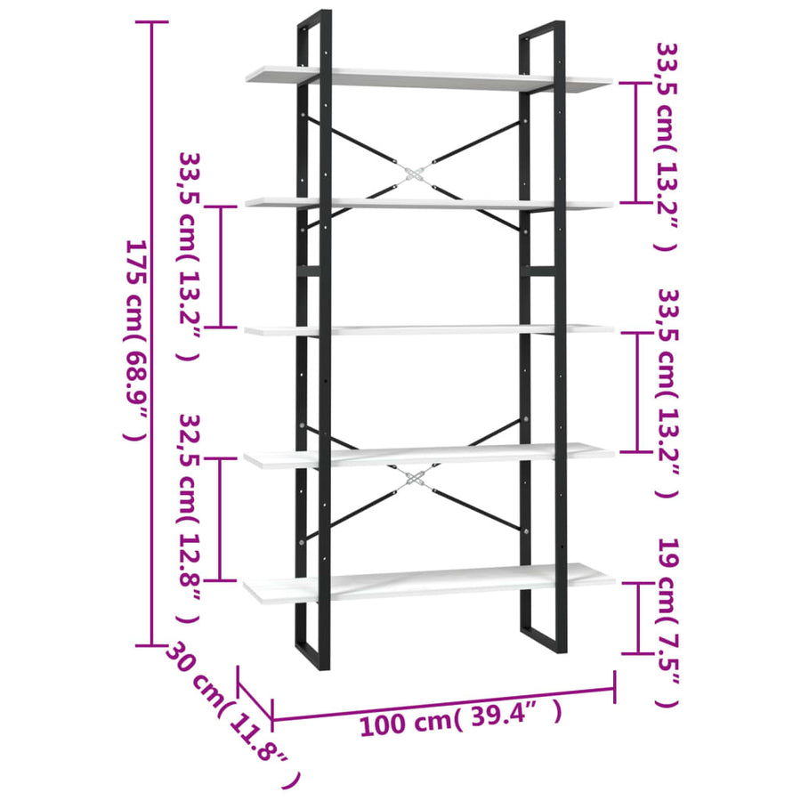 Boekenkast Met 5 Schappen Grenenhout 100 x 30 x 175 cm Wit