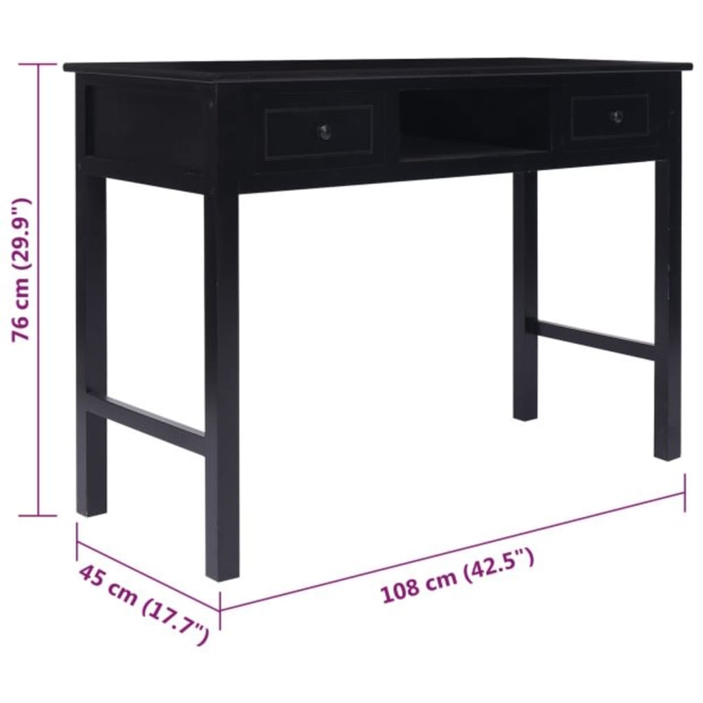 Bureau 108X45X76 Cm Massief Paulowniahout Zwart