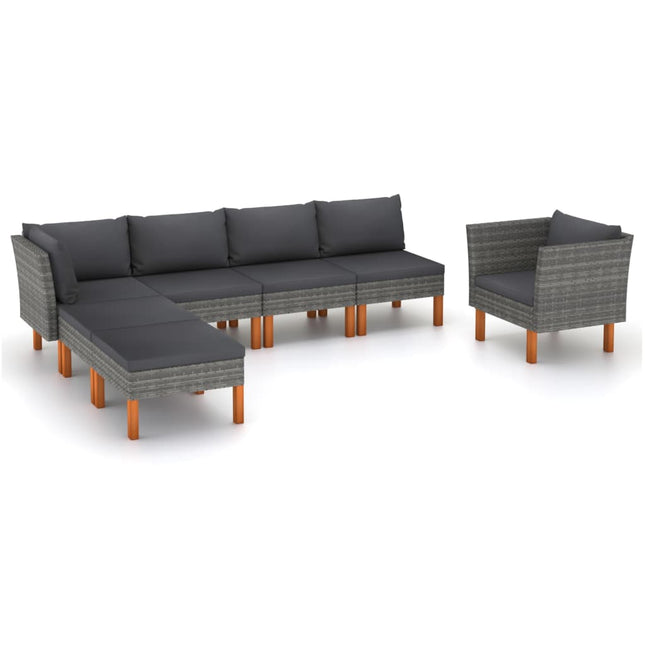 7-Delige Loungeset Poly Rattan En Eucalyptushout Grijs hoek + 3x midden + armstoel + voetenbank