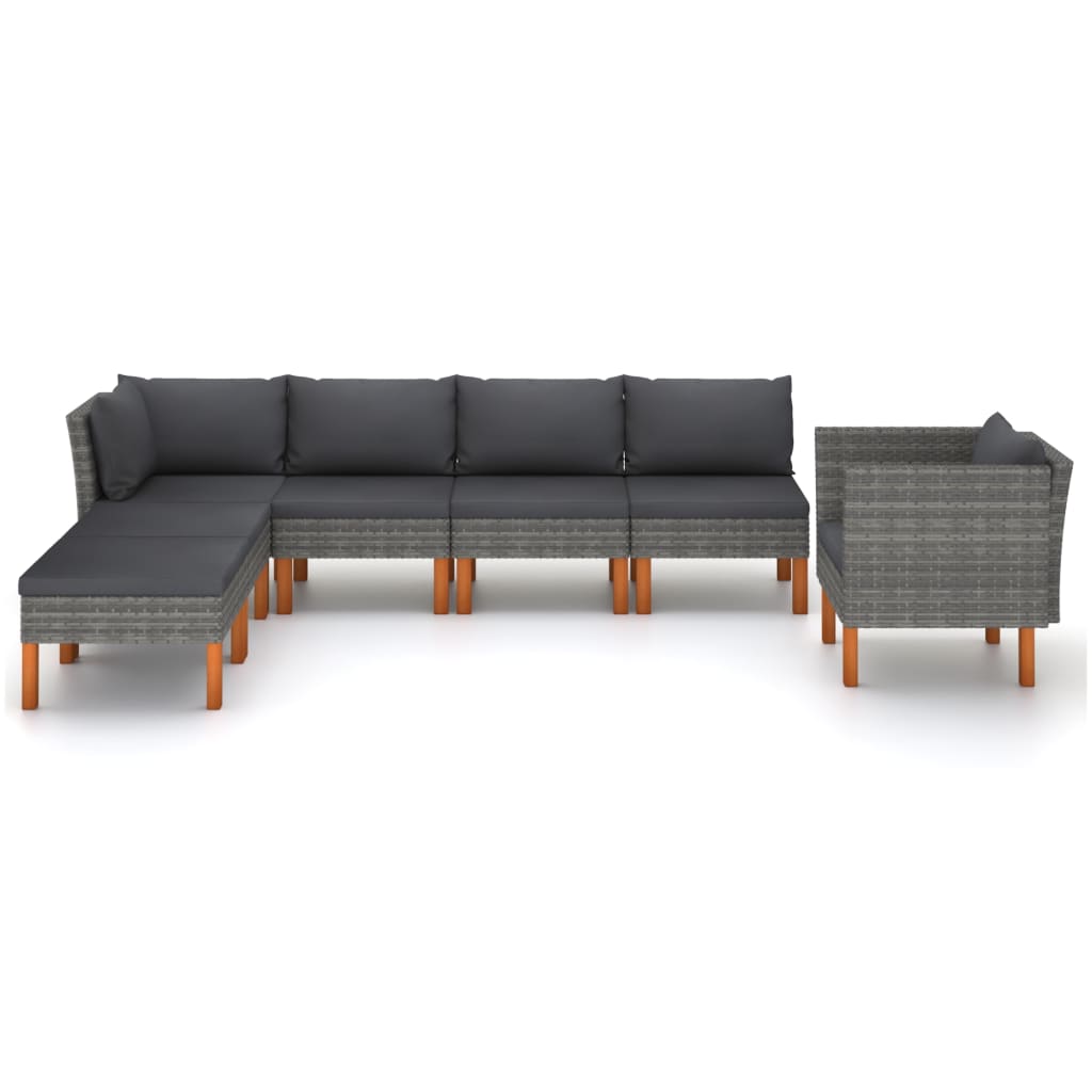 7-Delige Loungeset Poly Rattan En Eucalyptushout Grijs hoek + 3x midden + armstoel + voetenbank
